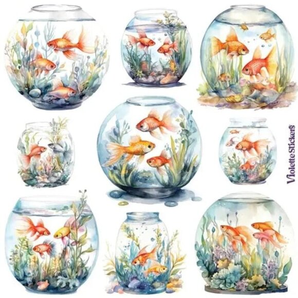 3 for $15 - NEW Goldfish Bowl Stickers - 2 Sticker Sheets for Stationary - Picture 1 of 2
